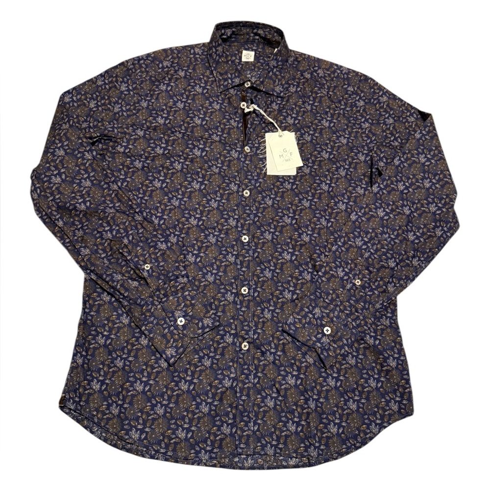 NWT GMF 965 Blue and Brown Floral Cotton Button Down Size 40/ 15 3/4